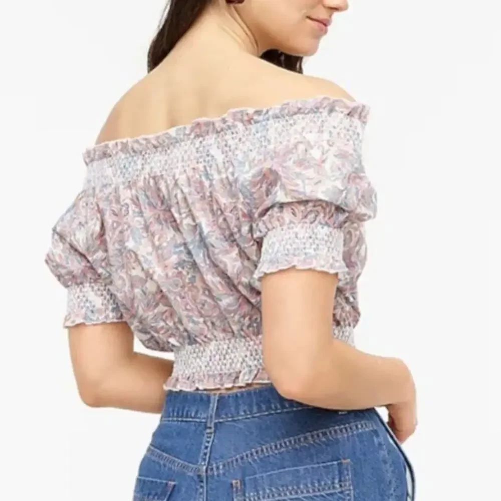 J.Crew Liberty London Smocked Cotton Top Womens M Off Shoulder Faraway Plum